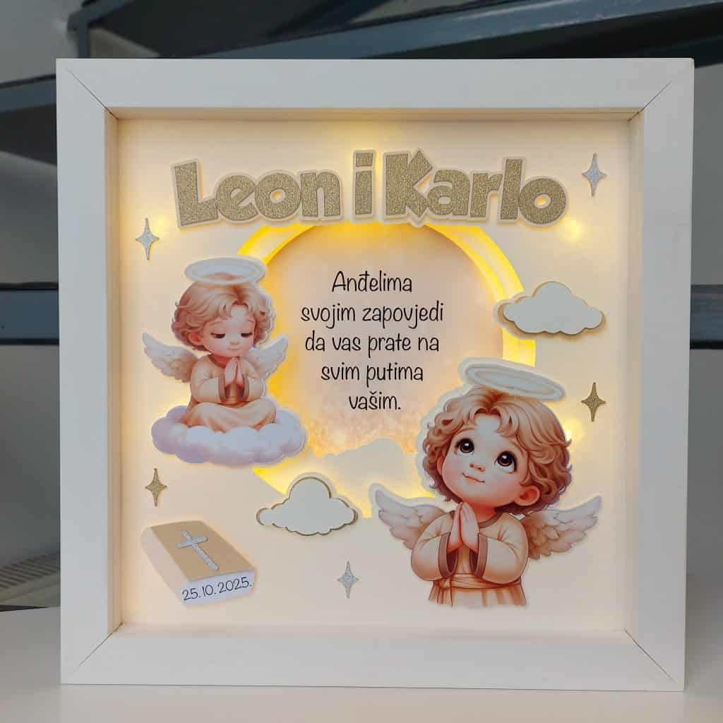 Poklon za krštenje braće – personalizirani okvir s anđelima, imenima Leon i Karlo i datumom krštenja