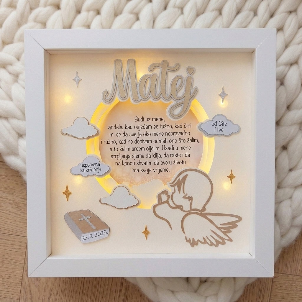 Personalizirani okvir za krštenje s anđelom, Biblijom i molitvom